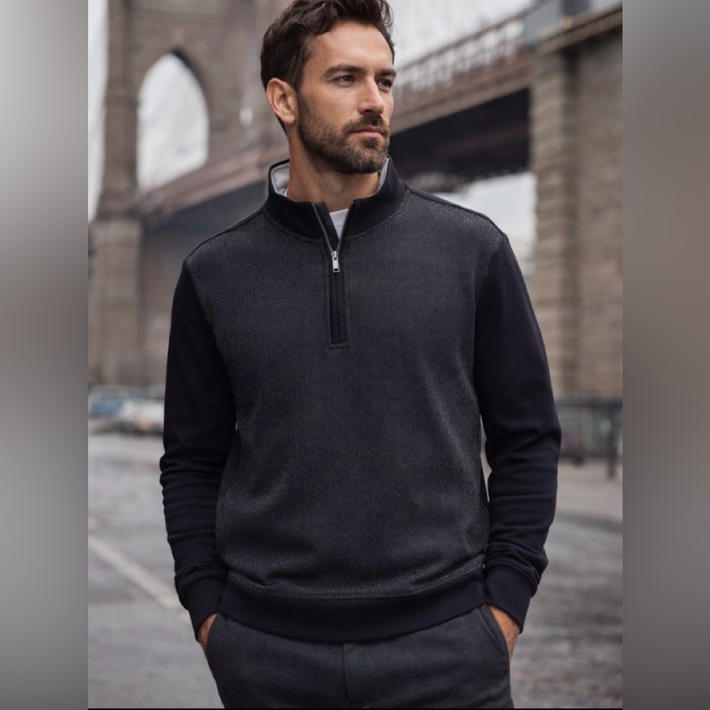 Ted Baker Quarter Zip Textured Pullover Sweater Activewear Black Modern Luxury M